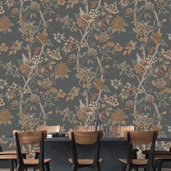 Wallpaper Hydrangea Bird Charcoal Sienna BW450912 - GP & JBAKER