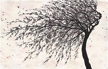 Windswept Blossom Noir on White Metal gided paper with pearlescent antiquing