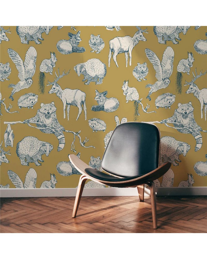 ANIMAL WALLPAPER - FOREST FRIENDS - GOLD-TEAL ANIMAL WALLPAPER - FOREST FRIENDS - GOLD-TEAL