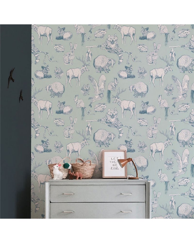 ANIMAL WALLPAPER - FOREST FRIENDS - MINT-SOFT TEAL ANIMAL WALLPAPER - FOREST FRIENDS - MINT-SOFT TEAL