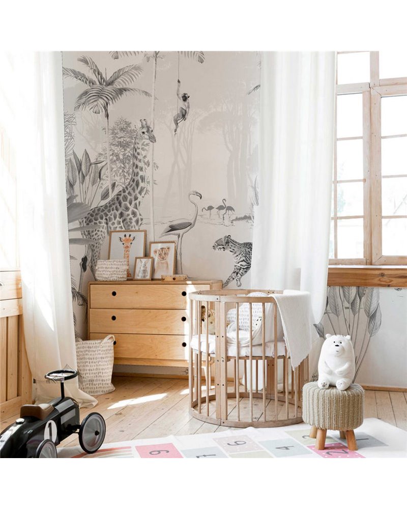 JUNGLE WALLPAPER - WILDLIFE'S PLAYGROUND - BLACK-WHITE JUNGLE WALLPAPER - WILDLIFE'S PLAYGROUND - BLACK-WHITE